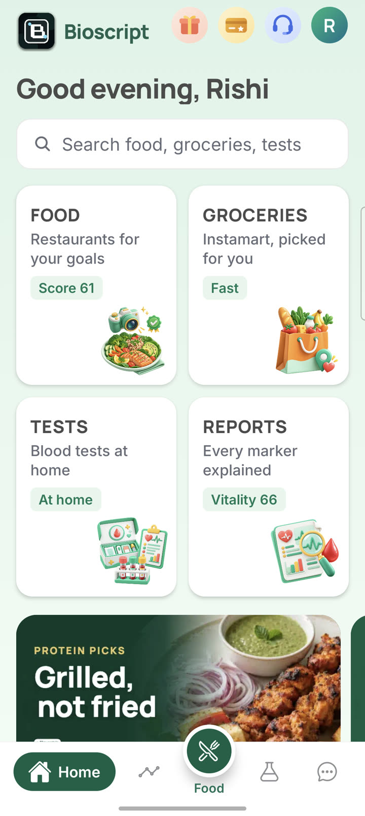 Food, groceries, tests and reports in one place
